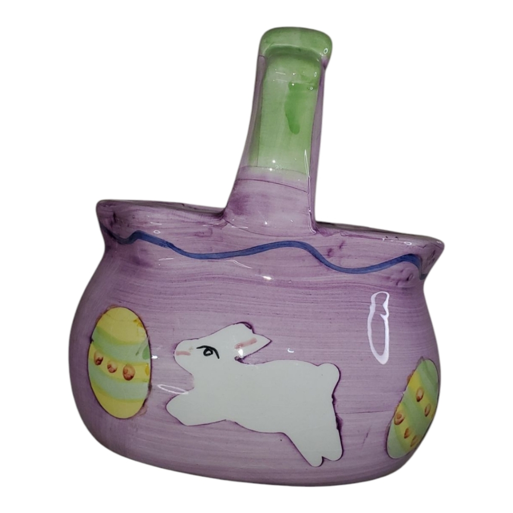 Ceramic Easter Basket Purple With White Rabbit Green Bow Handle